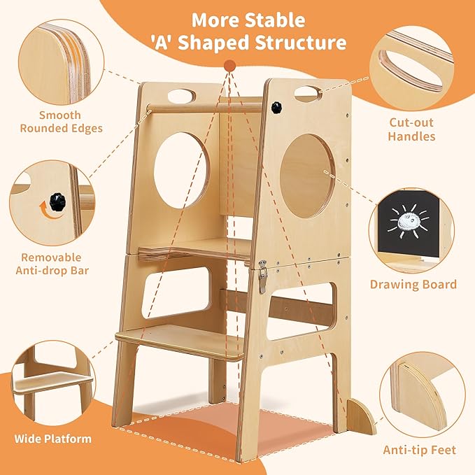 Toddler Tower Step Stool for Kids Kitchen Stool Helper Toddler Standing Tower Foldable Children Table Kids Table and Chair Set Montessori Helper Tower Natural