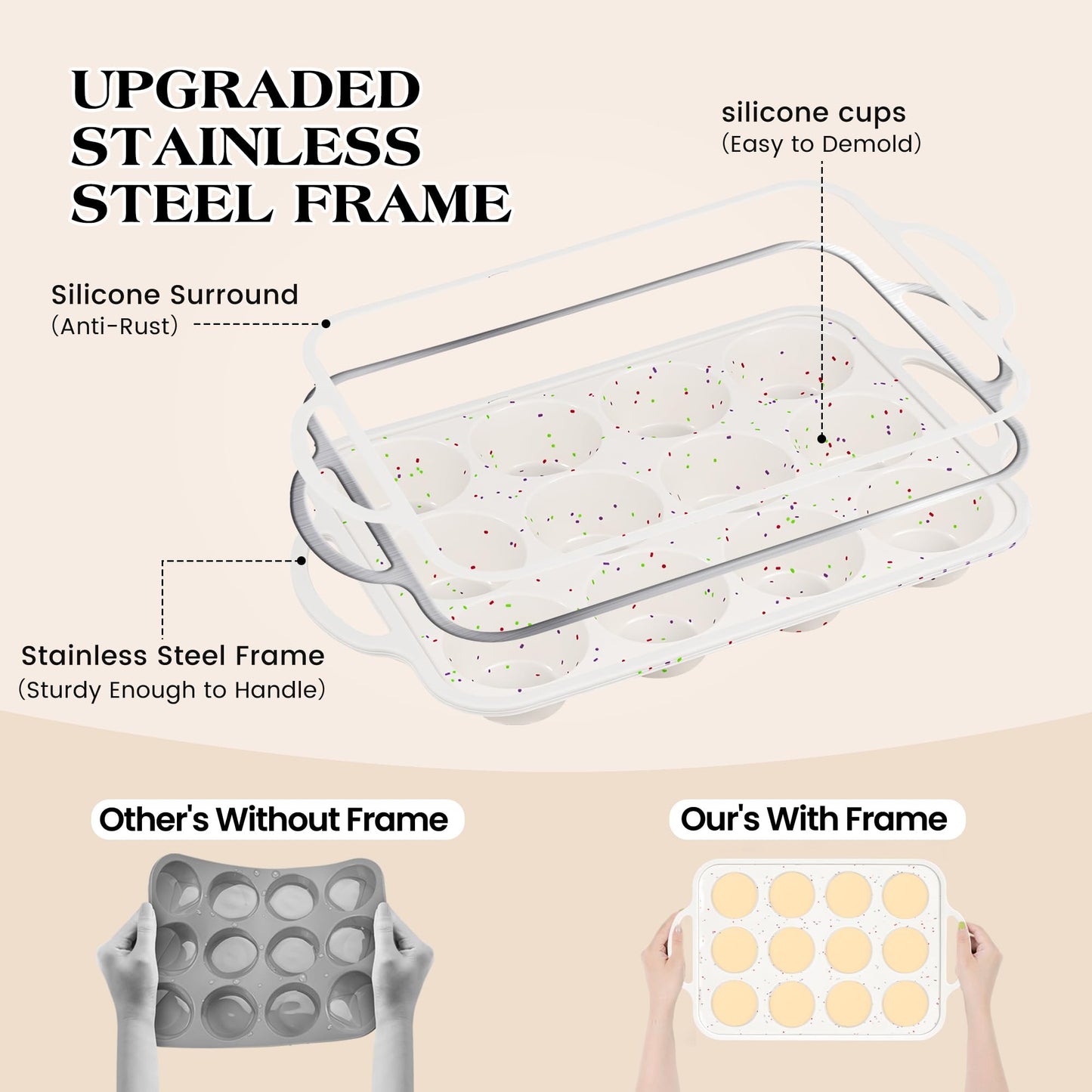 AOTASO Regular 12 Cup and Mini 24 Cup Nonstick Cupcake Pan Set Silicone Muffin Pan for Baking Silicone Cupcake Mold with Metal Reinforced Frame BPA Free (2 Pcs, Cream)