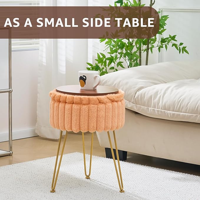 Wimarsbon Vanity Stool with Storage, Faux Fur Ottoman Chair with Metal Legs, Round Makeup Vanity Chair for Bedroom or Dressing Table, Modern Small Ottoman Seat (Orange)