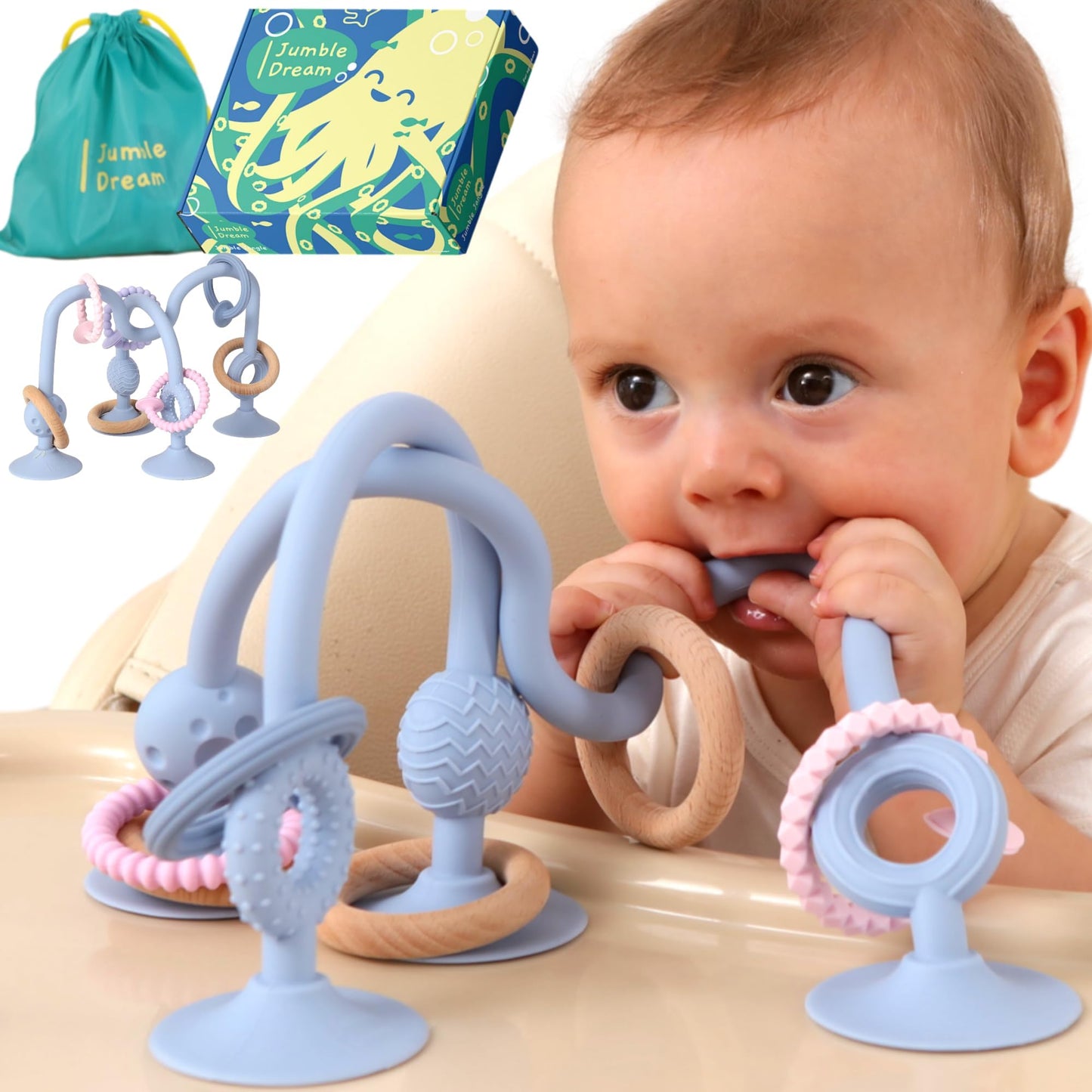 Jumble Jangle Baby Teething Toys – BPA-Free, Multi Purpose High Chair Toys & Sensory Toys for Kids with Autism: Suction Teething Relief with Sensory Toy Textures for Infants and Toddlers (Light Blue)
