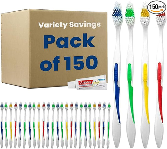 150 Toothbrushes Bulk Wholesale Quantity Standard Size, Dental Care Toiletries, Medium Soft Bristles, Individually Wrapped, Homeless Care, Disposable Use, Hotels, Travel
