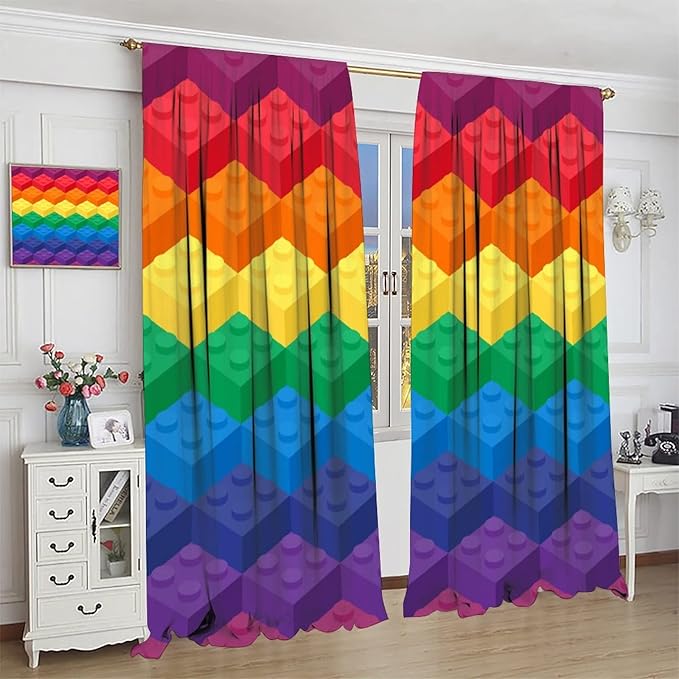 Colorful Building Blocks Cartoon Toy Printed Curtains, Bedroom, Living Room, Architecture, Curtains, Fun Brick 3D Design Curtains, Children's Living Room, Window Treatment Panels 2 Panels 72x63in
