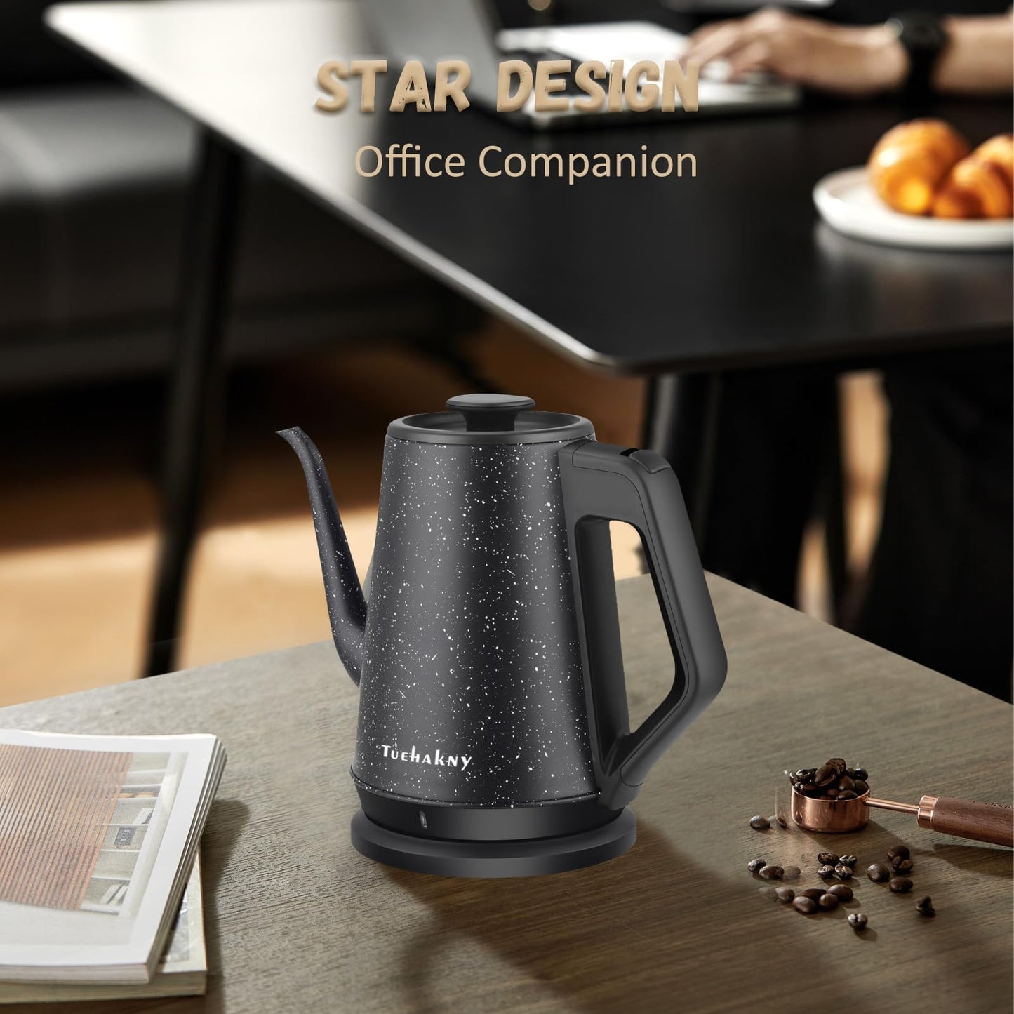 Gooseneck Electric Kettle 1.0L, 1000W Quick Heat-Up In 3 Min, 100% Stainless Steel Tea Kettle, Pour Over Coffee Kettles For Office/Travel/Kitchen, Auto Shut-Off Protection, Black Star Design, BPA-Free