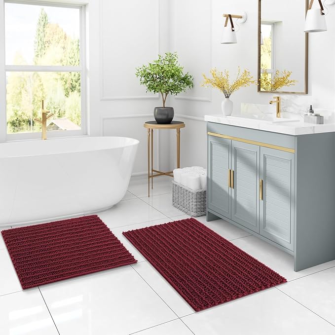 Arotive Luxury Chenille Bathroom Rug Mat, Extra Soft Thick Absorbent Shaggy Bath Rugs, Non-Slip Machine Wash Dry, Plush Bath Mats for Bathroom, Shower and Tub, 30x17, Burgundy