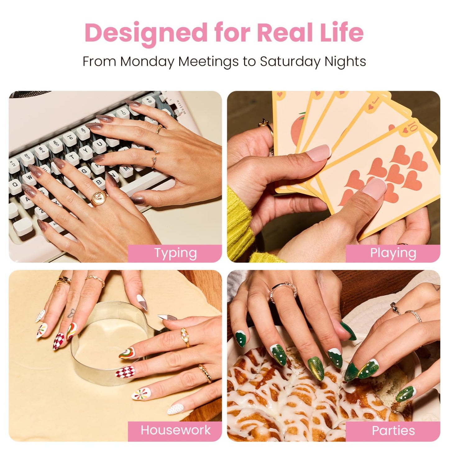 Nail Reformation Press On Nails, French Tip Nude Medium Almond Fake Nails with Pearl & Sparkling Gems in Glossy Finish, Salon Quality, Reusable Stick On Nails in 15 Sizes - 30 Nail Kit for Women Gifts