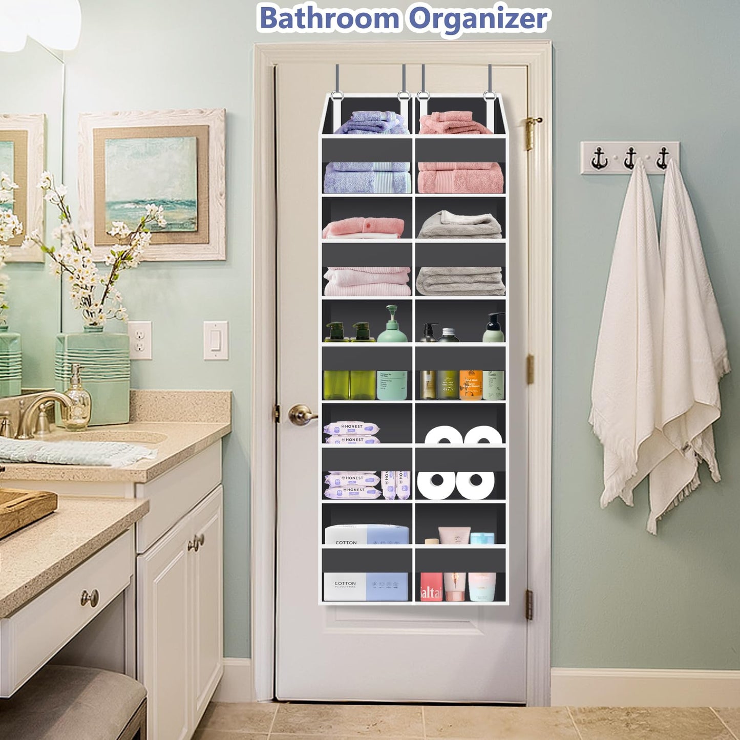Heavy Duty Over The Door Organizer 5 Tiers, Extra Large Behind Door Storage of 10 Big Front & 10 Mesh Pockets, 80lb Weight Capacity, Hanging Doors Storage Organizer for Closet Bedroom Nursery, Grey