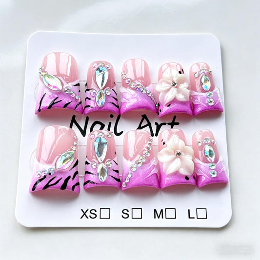 Threelegscat Handmade Short Duck Press on Nails -Pink Purple French Fake Nails With3d Flower& Rhinestone Acrylic Press on Nails for Women Daily& Party 10 PCS Size M