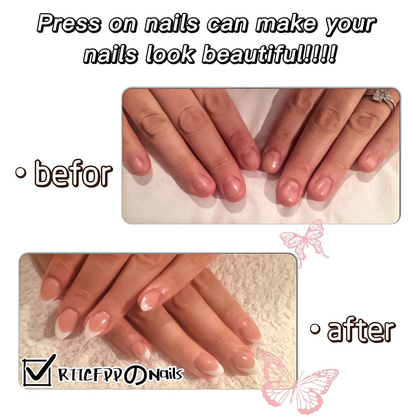 RIICFDD French Tip Press on Nails Short Almond Fake Nails Cute Nails Press ons Full Cover Glossy Stick on Nails with Mini Red Bow Star Designs False Nails Glue on Nails for Women Cute Nails 24 Pcs