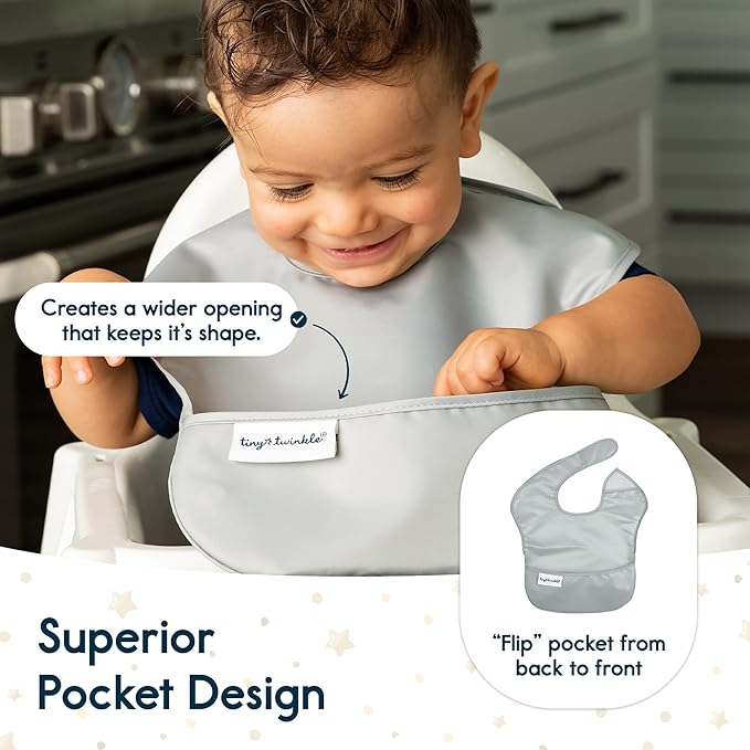 Tiny Twinkle Mess-Proof Baby Bibs for Eating | Waterproof, Wipeable Toddler Bibs with Catch-All Pocket | Feeding Bibs for Girls & Boys(5 Pack, Unisex Solids)