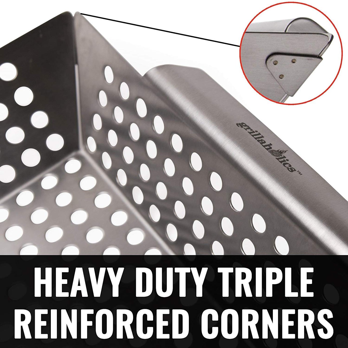 Grillaholics Grill Basket for Outdoor Grill - Durable Premium Stainless Steel Vegetable Grill Basket - XL Family Size BBQ Grill Basket - Perfect Grilling Accessories for Veggies, Fish, Shrimp & Kebabs