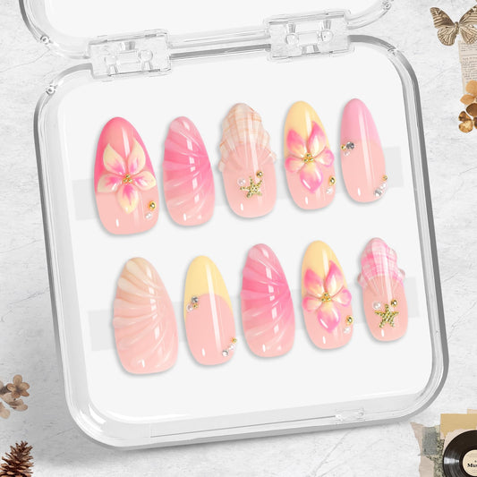 Pink Almond Press On Nails, Handmade 3D Jelly Flower Starfish & Pearl Design, Cute Sweet Summer Beach 10pcs Acrylic Nail Set, Glossy Reusable for Vacation, Holiday & Birthday - Appife
