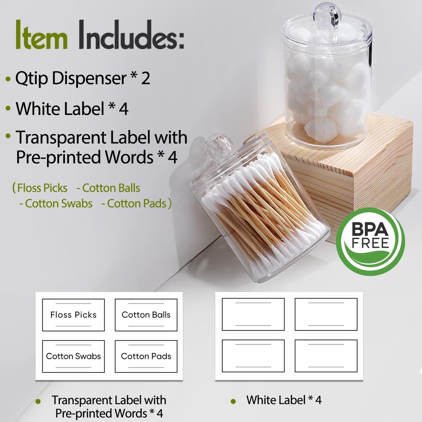 2 Pack Acrylic Qtip Holder Dispenser for Cotton Swabs, Balls, Pads, Floss Picks- Small Clear Plastic Canister Apothecary Jar Set, Bathroom Essentials Accessories Decor, Vanity Makeup Storage Organizer