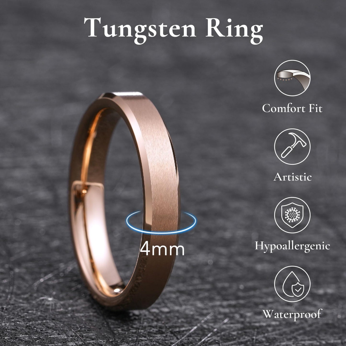 King Will Rose Gold Basic Tungsten Rings For Men Women 4mm Wedding Band Polished Edge Brushed Matte Promise Ring Comfort Fit, size 10