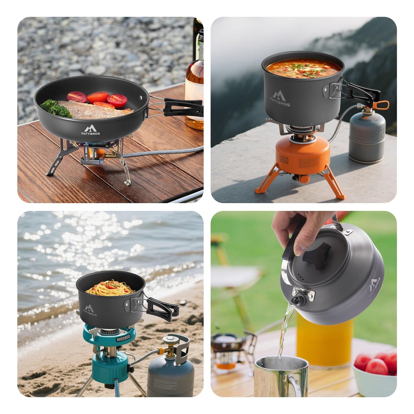 THTYBROS 27pcs Camping Cookware Mess Kit for 2-4 People, Portable Cookware Set with Kettle, Pots & Pans, Stainless Steel Utensils, Plates, Dishware for Backpacking, Picnic, Outdoor Adventures