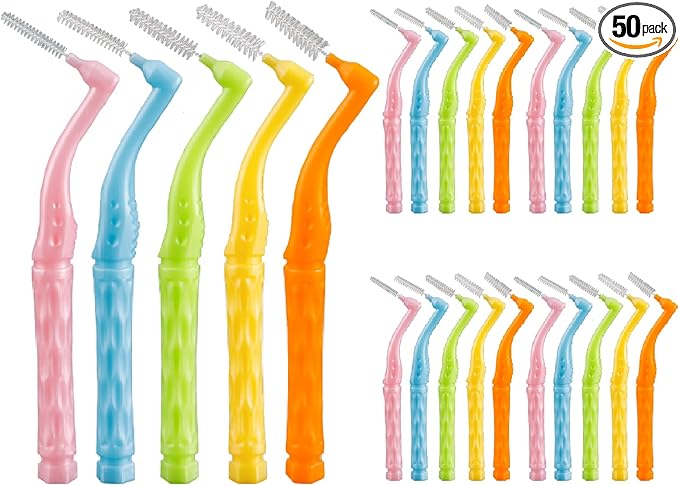 50PCS L-Shaped Interdental Brushes Braces Toothbrush Short Handle,5 Different Sizes Dental Floss Brush Angled Interdental Toothpick