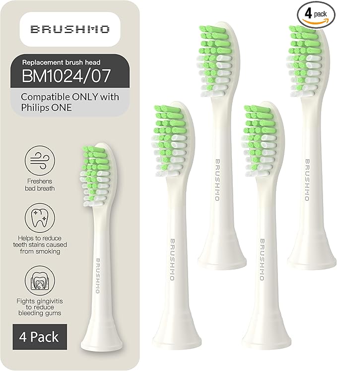 Brushmo Replacement Toothbrush Heads, Compatible with Philips One for Sonicare Electric Toothbrush Handles HY1022, 4 Standard Heads with Tongue Cleaner, Soft Dupont Bristles, BM124m, Snow White