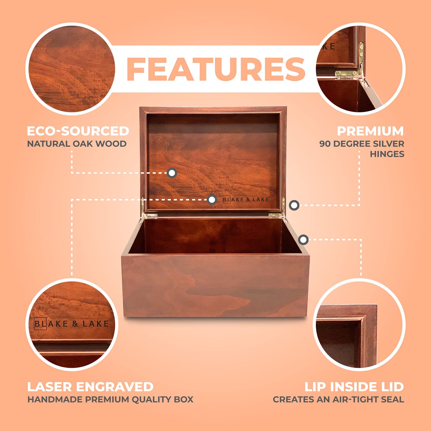 Blake & Lake Large Box with Hinged Lid - Wood Storage Box with Lid - Wooden Keepsake Decorative boxes with lids (Dark Oak)