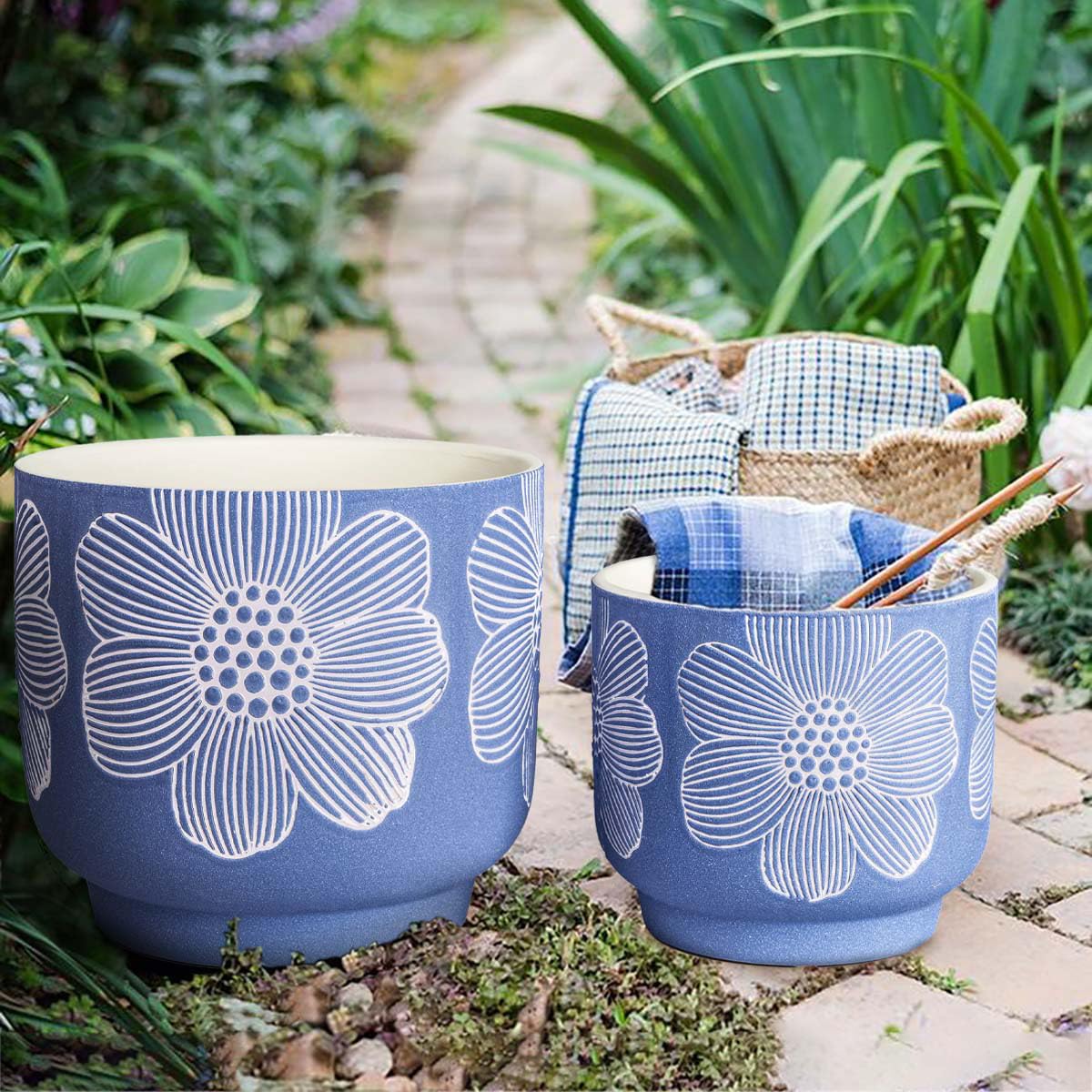 YBX 8 Inch + 6 Inch White Flower Pattern Plant Pots, Sand Glazed Ceramic Planter with Drainage Hole, Flower Pots for Indoor Plants, Blue