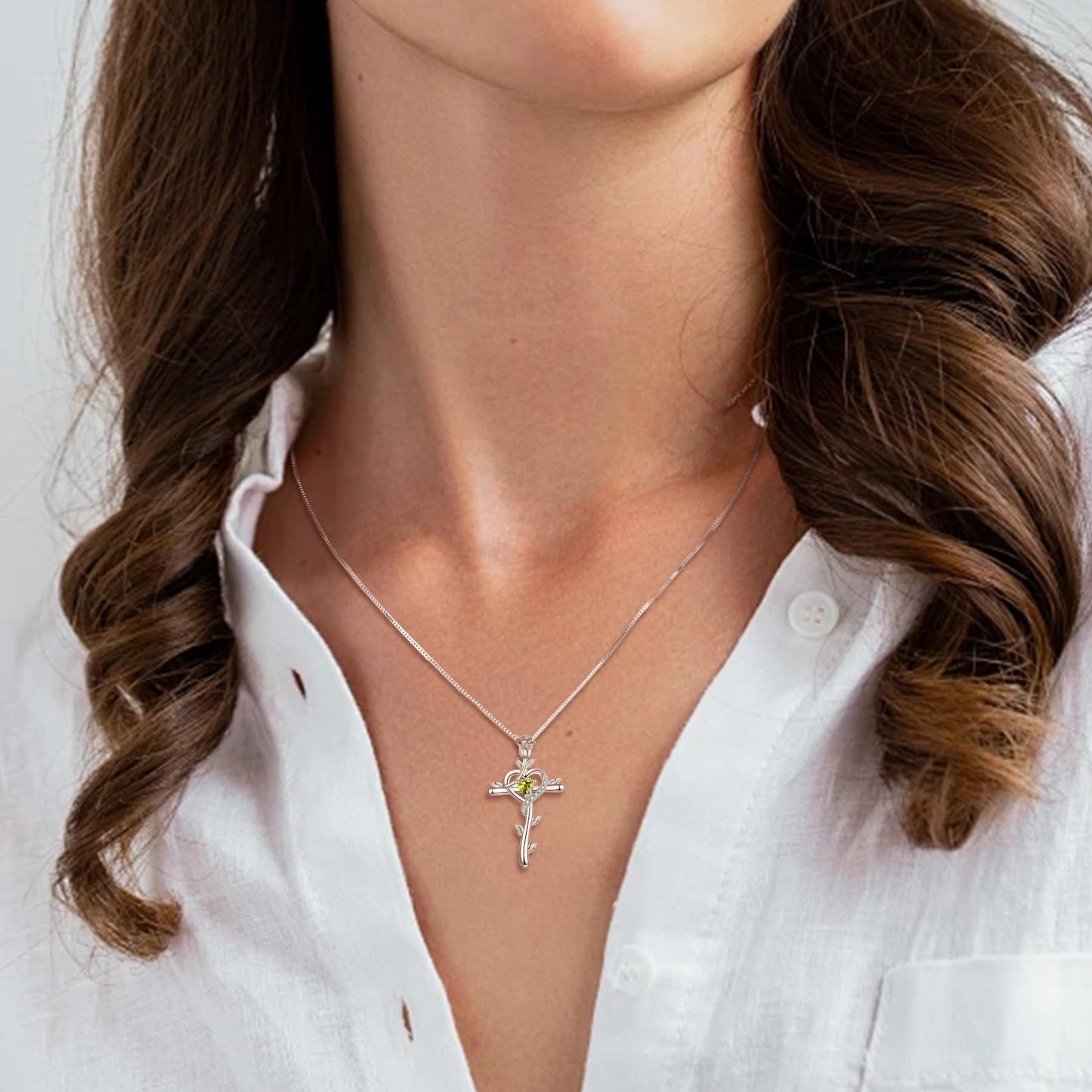STARCHENIE Rose Cross Necklace 925 Sterling Silver Heart Crucifix Pendant Created Peridot Jewelry for Women