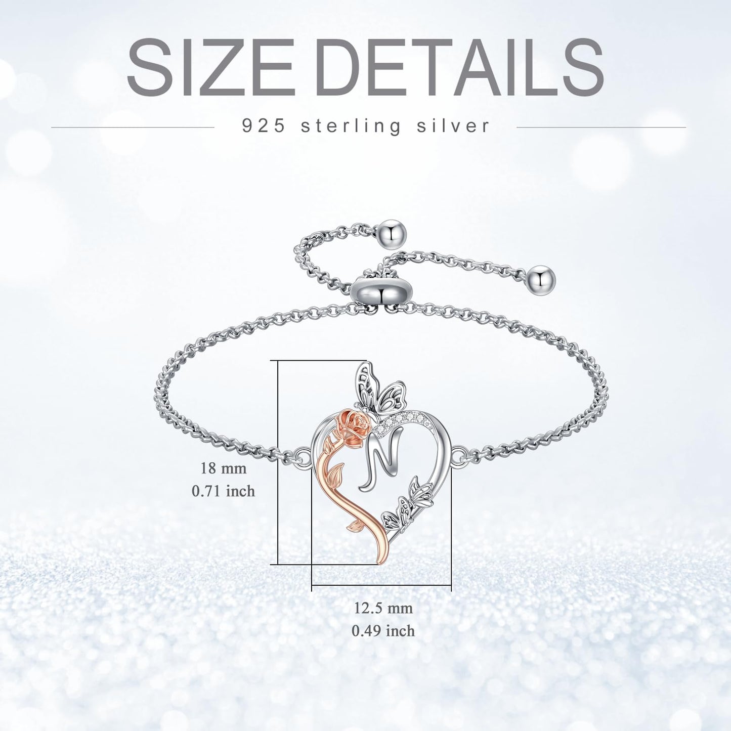 TOUPOP Rose Heart Bracelet for Women Sterling Silver Heart Initial N Letter Bracelet Butterfly Love Jewelry Anniversary Birthday Mothers Day Gifts for Mom Wife Her Girlfriend