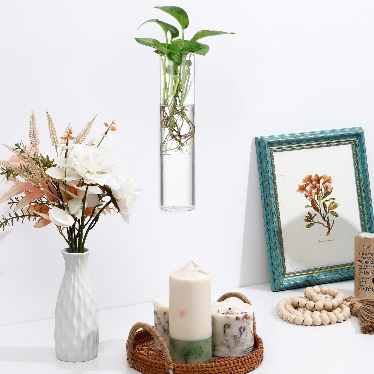 OKUMEYR Wall Hanging Vase Set 2pcs Large Cylinder Glass Propagation Station Hydroponic Plants Holder Indoor Hanging Terrarium Planter for Home Décor