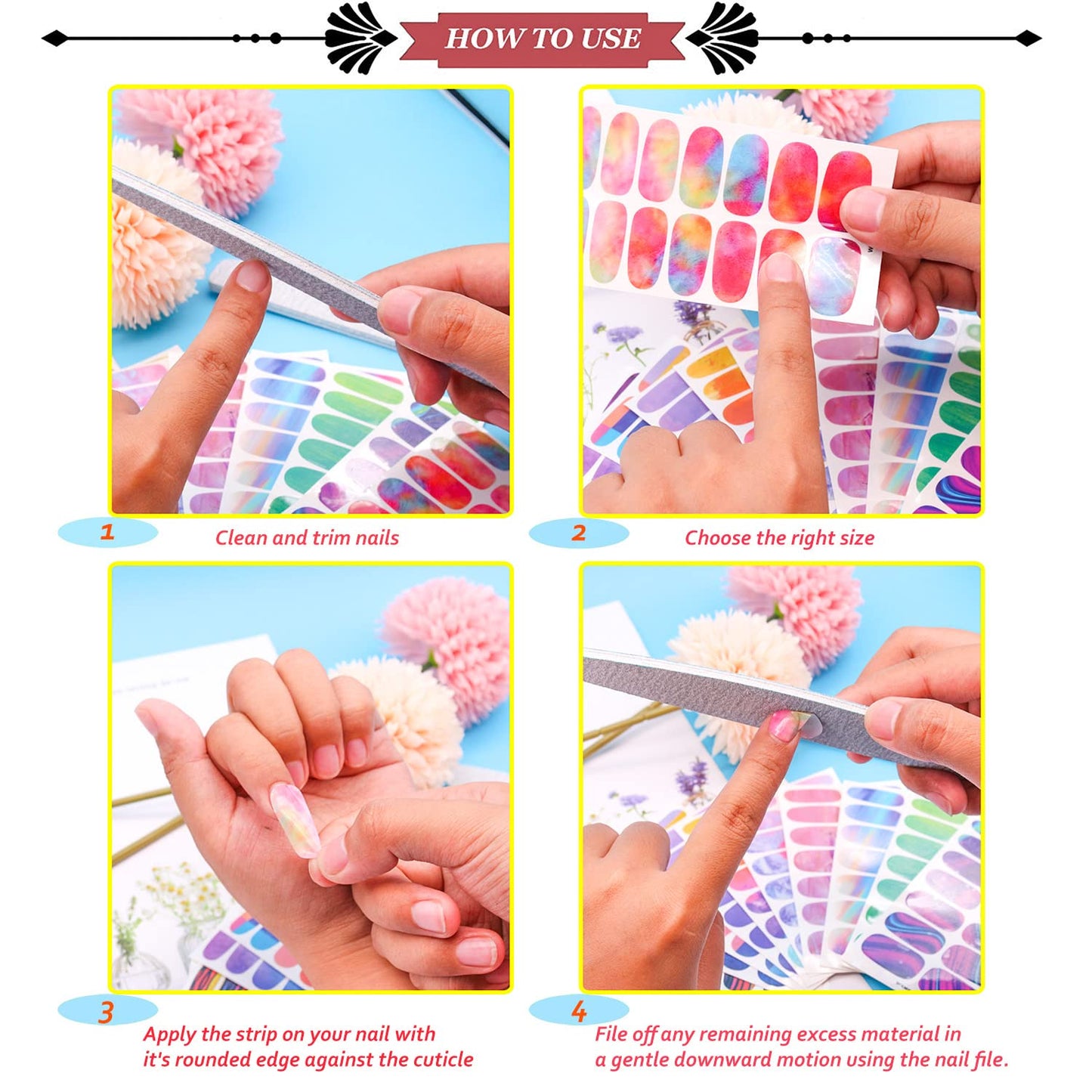 JERCLITY 24 Sheets Candy Gradient Color Marble Real Nail Polish Strips Stickers Adhesive Marble Nail Decals Stickers Full Nail Wraps for Women DIY Nail Art