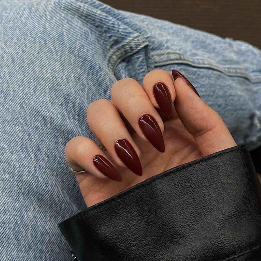 KQueenest Burgundy Press on Nails Medium Almond Stiletto, Sheer Maroon Red Fake Nails Set, Acrylic Nails Press ons Almond, Reusable Soft Gel Glue on Nails for Women with Protective UV Coating 24 Pcs