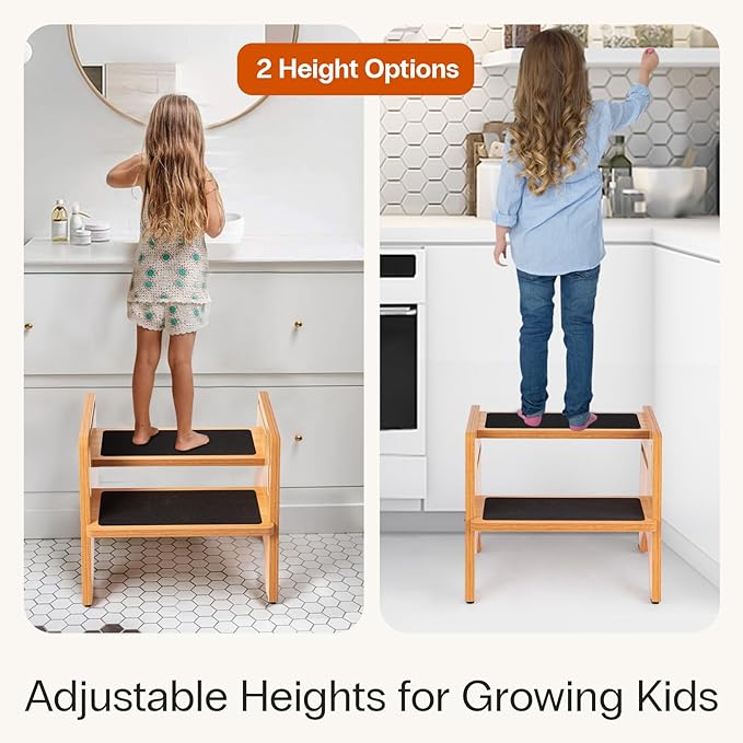 StrongTek Wooden Step Stool, 15" Dual Height Step Stools for Kids, Easy to Clean, Toddler Potty Training Stool with Handles, 300 lbs Capacity for Bathroom Sink, Kitchen, Bedroom
