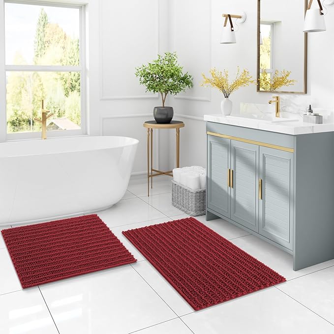 Arotive Luxury Chenille Bathroom Rug Mat, Extra Soft Thick Absorbent Shaggy Bath Rugs, Non-Slip Machine Wash Dry, Plush Bath Mats for Bathroom, Shower and Tub, 30x17, Red