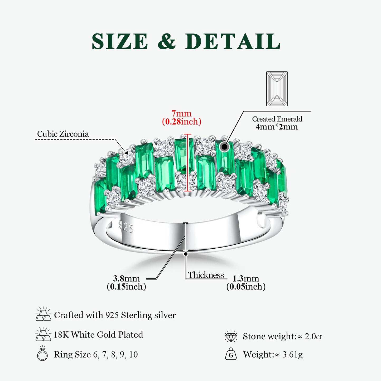 RANDES Womens Eternity Wedding Bands Emerald Ring 925 Sterling Silver Band Emerald Engagement Ring 7mm Wide Green Stone Ring Size 9