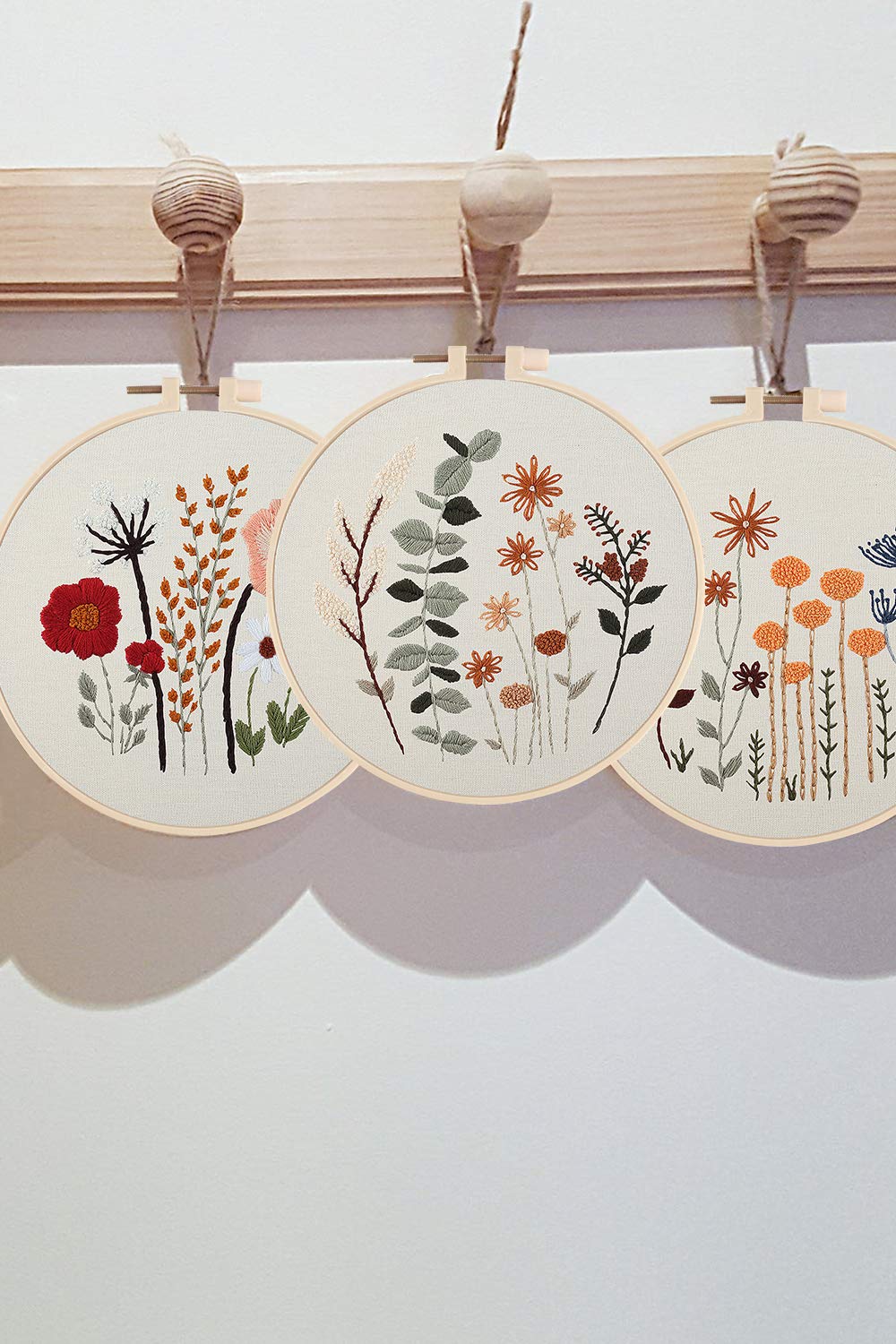 Uphome 3 Pack Embroidery Starter Kit for Beginners Stamped Cross Stitch Kits with Cute Flowers and Plants Patterns with 1 Embroidery Hoop and Color Threads for Adults Kids