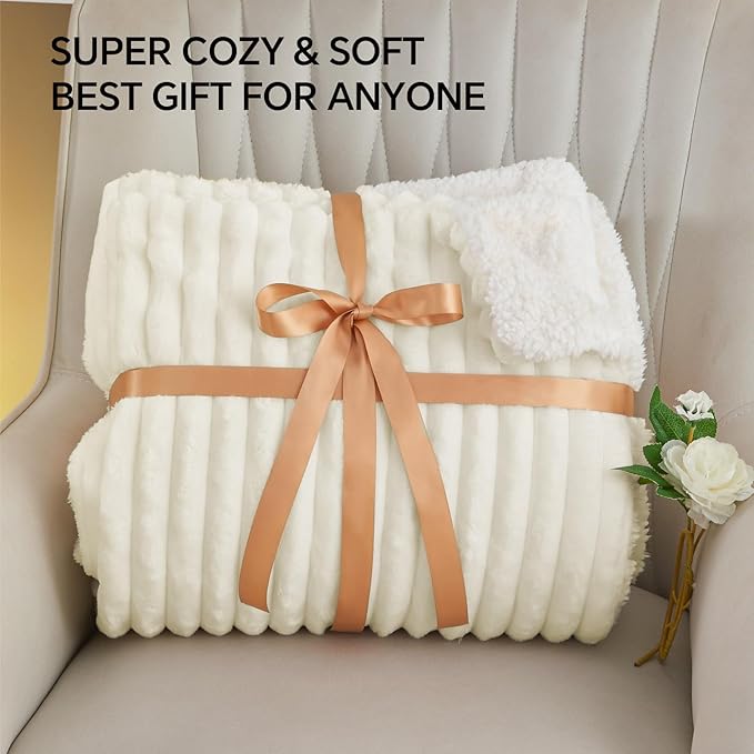 INFIIXSO Sherpa Fleece King Size Blanket - Super Soft & Warm Striped Fleece, Cozy Plush Fluffy Large Bed Blanket All Season Use (Cream, 104x90 Inches)