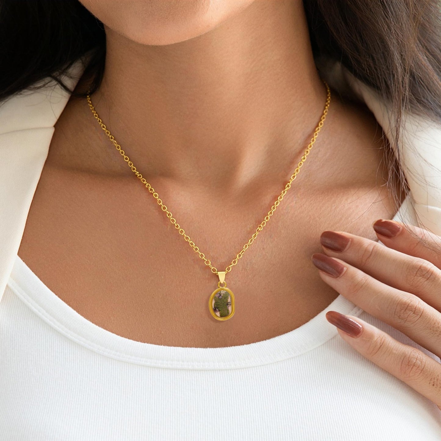 LETFLY Birth Flower Necklaces for Women, 18K Gold Plated Oval Shaped Handmade Floral Pendant, Pressed Flower Necklace Jewelry Gifts Harmony