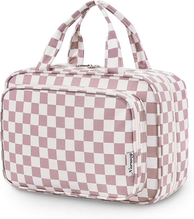 Narwey Travel Toiletry Bag for Women Large Hanging Makeup Bag Organizer Toiletries Bag for Full Size Essentials Accessories Cosmetics (Dusty Pink Checkerboard (Large))