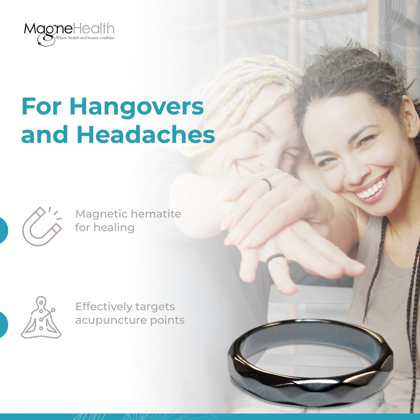 MAGNEHEALTH - Black - Size 10 - Thin Beveled Magnetic Hematite Ring for Women, Absorbs Negative Energy, Magnetic Acupuncture Ring