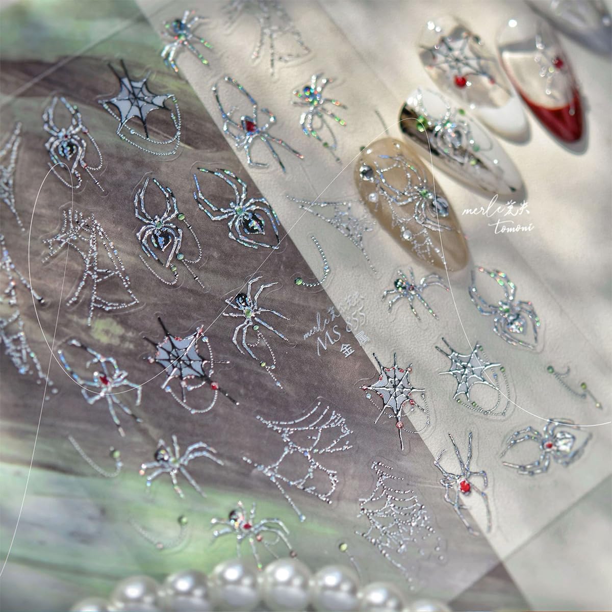 1 Sheets Halloween Nail Stickers for Nail Art Metal Spider Nail Art Stickers Silver Spiders Web with Rhinestones Design Horror Gothic Nail Decals Manicure Decoration for Women Acrylic Nail Supplies