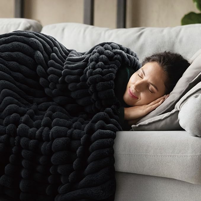 INFIIXSO Sherpa Throw Blanket for Couch - Super Soft & Warm Striped Fleece Blanket, Cozy Plush Fluffy Blanket All Season Use (Black, 60x80 Inches)