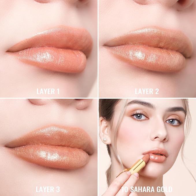 Oulac Metallic Lipstick for Women with Lightweight Hydrating Formula, Metallic Golden Nude Lip Stick, Vegan Beauty, Full Coverage Lip Makeup, Christmas Gifts for Women, Sahara Gold(10)