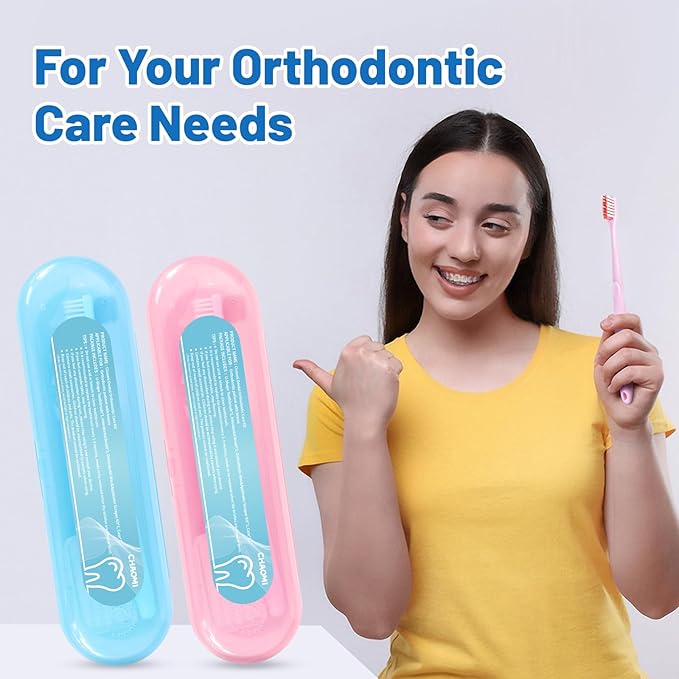 Orthodontic Care Travel Kit | V-Shape Toothbrush with Soft Bristles, Interdental Brushes, Orthodontic Wax, and Breathable Case | Portable Dental Kit for Braces and Aligners(PINK)