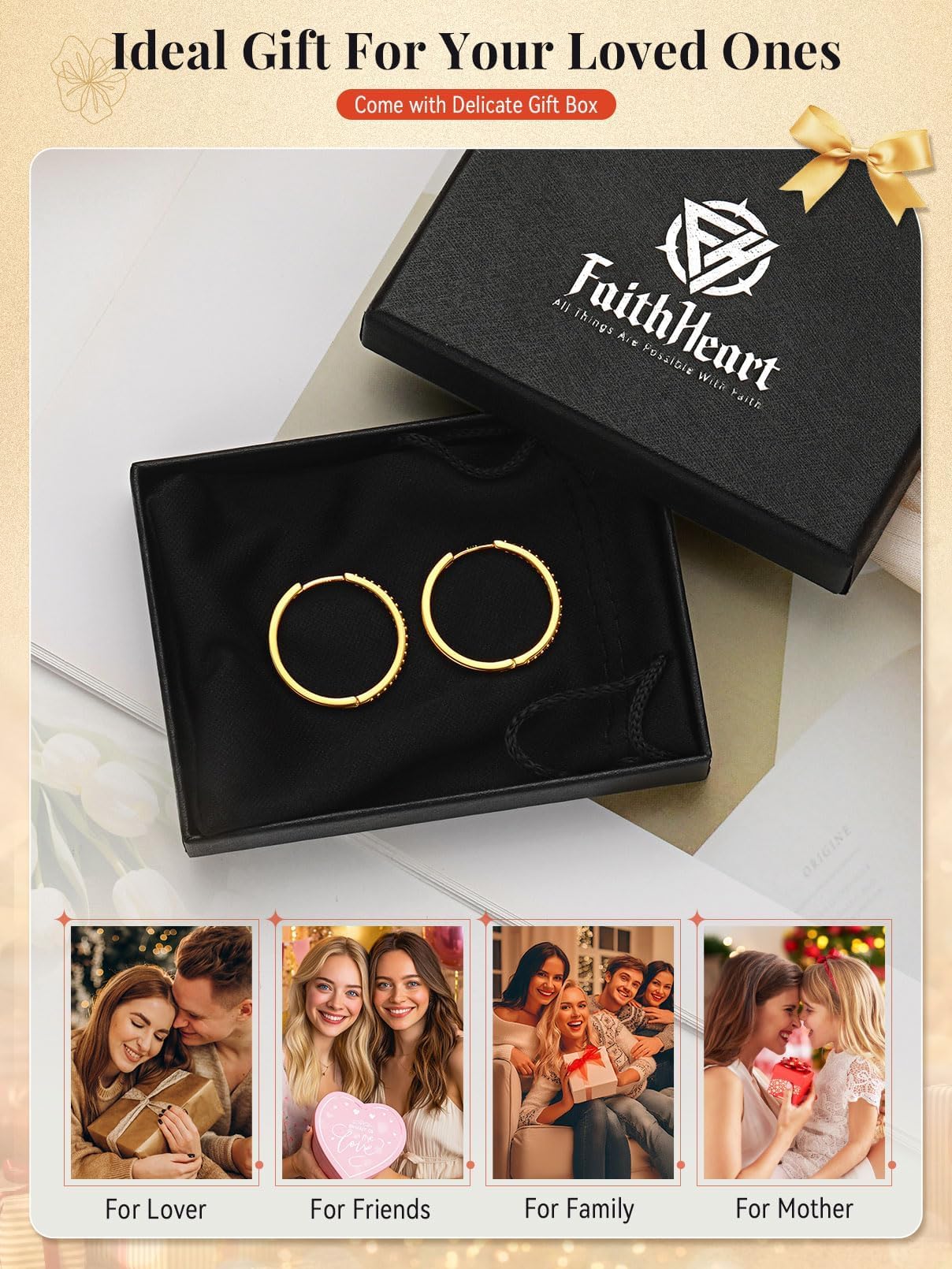 FaithHeart Cubic Zirconia Hoop Earrings for Women, Black Hypoallergenic Huggie Hoop Earrings, Small Cartilage Earrings for Women 18mm, Send Gift Box
