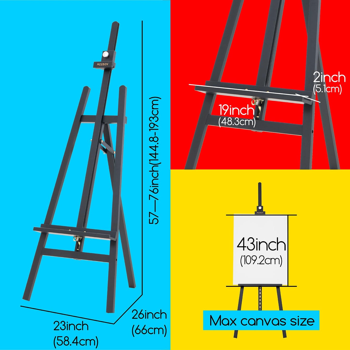 MEEDEN Heavy Duty Easel Black: Wood Art Easel for Painting and Display, Adjustable Angle and Height 57" to 76" H, Holds Canvas up to 43",Holds 22 lbs