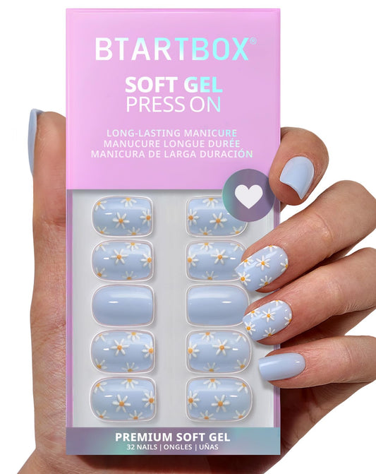 BTArtbox Press On Nails Short - Porch Sky, Easy-to-Apply 3D Flower Pastel Square Press On Nails with Glue and Adhesive Tabs in 16 Sizes - 32 Nails All-in-One Kit
