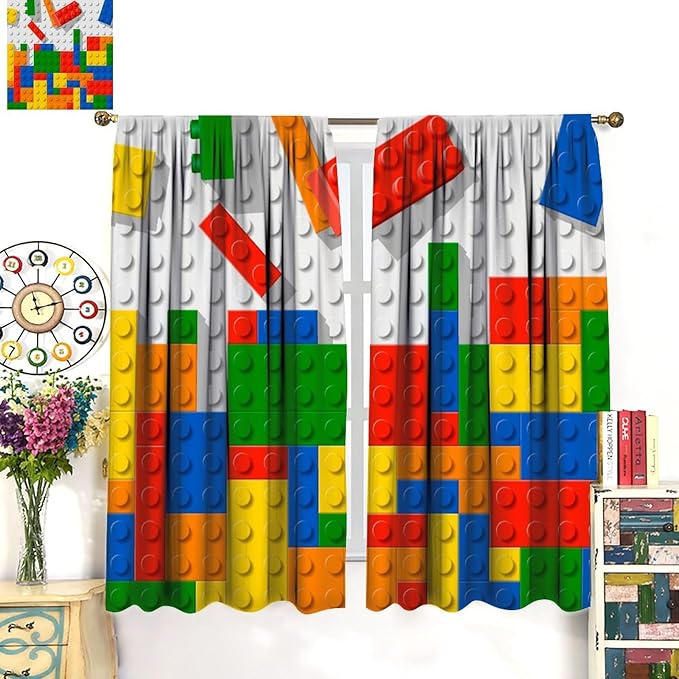 Building Blocks Toy Curtain Rod Pocket Children's Nursery Abstract Outline Colorful Plastic Toy Brick Geometric Print Pattern Curtain Boys Girls Bedroom Playroom 2 Panels 63x63in