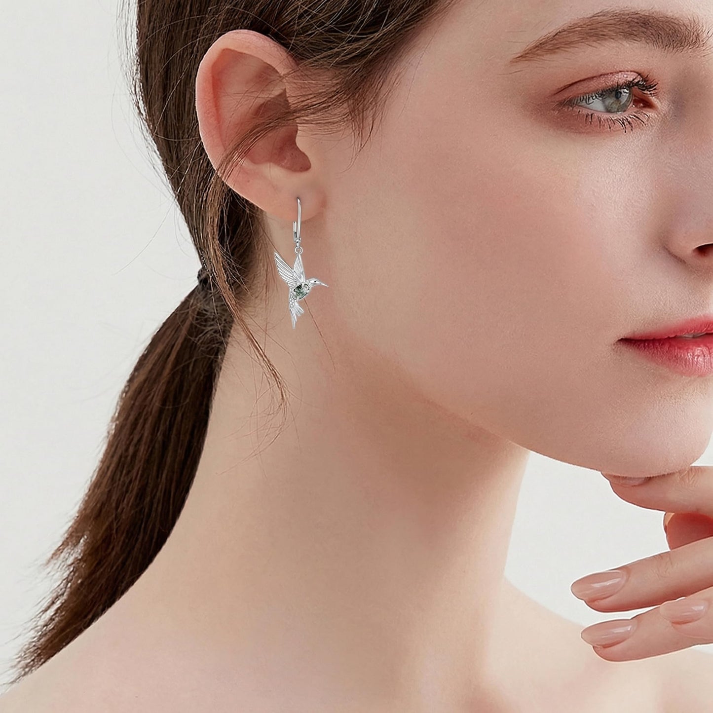BETHZA Hummingbird Earrings 925 Sterling Silver Natural Moss Agate Hummingbirds Drop Dangle Earring Animal Jewelry Gifts for Women