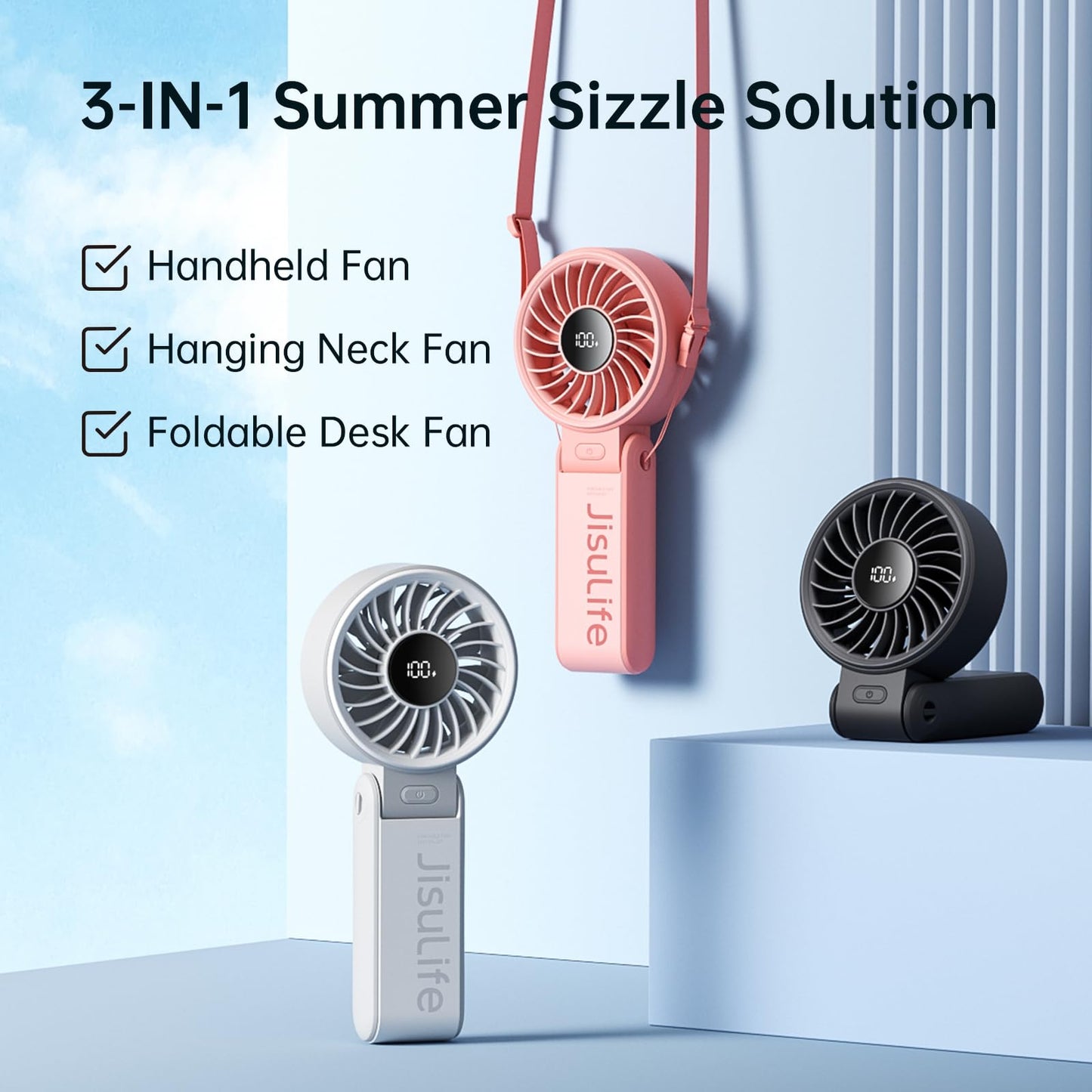JISULIFE Handheld Fan Life7 – Ultimate Flexibility: High-Power Motor, LED Display, 19.5 Hrs Cooling, 5000mAh Rechargeable, 5-Speed, Foldable Design, 3-IN-1 Portable Fan for Travel Cruise Beach(Black)