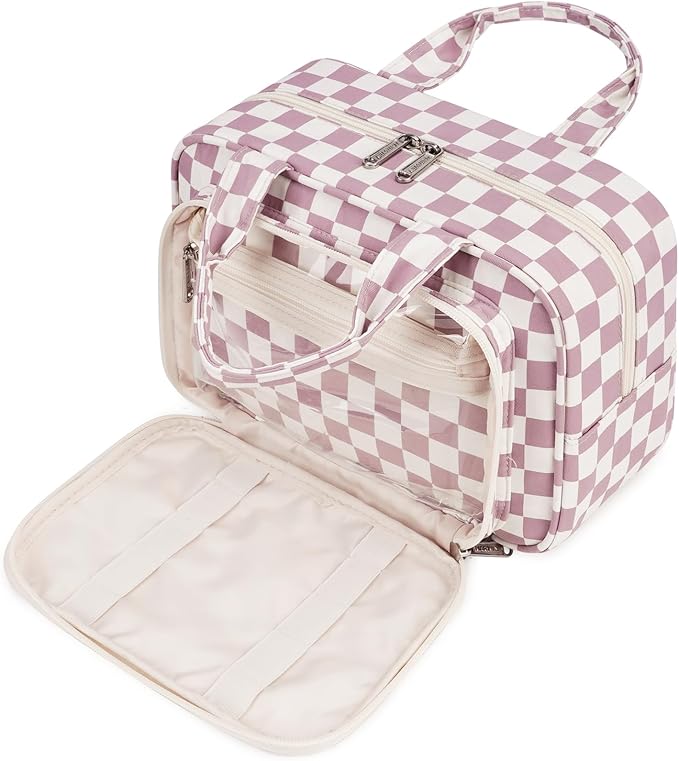 Narwey Large Travel Toiletry Bag for Traveling Women, Cosmetic Makeup Bag Make Up Organizer, Checkered Travel Bag for Toiletries with Handle (Dusty Rose Checkerboard)