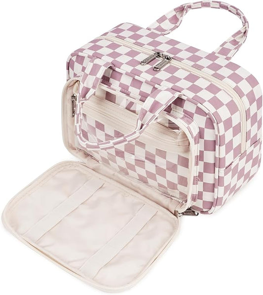 Narwey Large Travel Toiletry Bag for Traveling Women, Cosmetic Makeup Bag Make Up Organizer, Checkered Travel Bag for Toiletries with Handle (Dusty Rose Checkerboard)