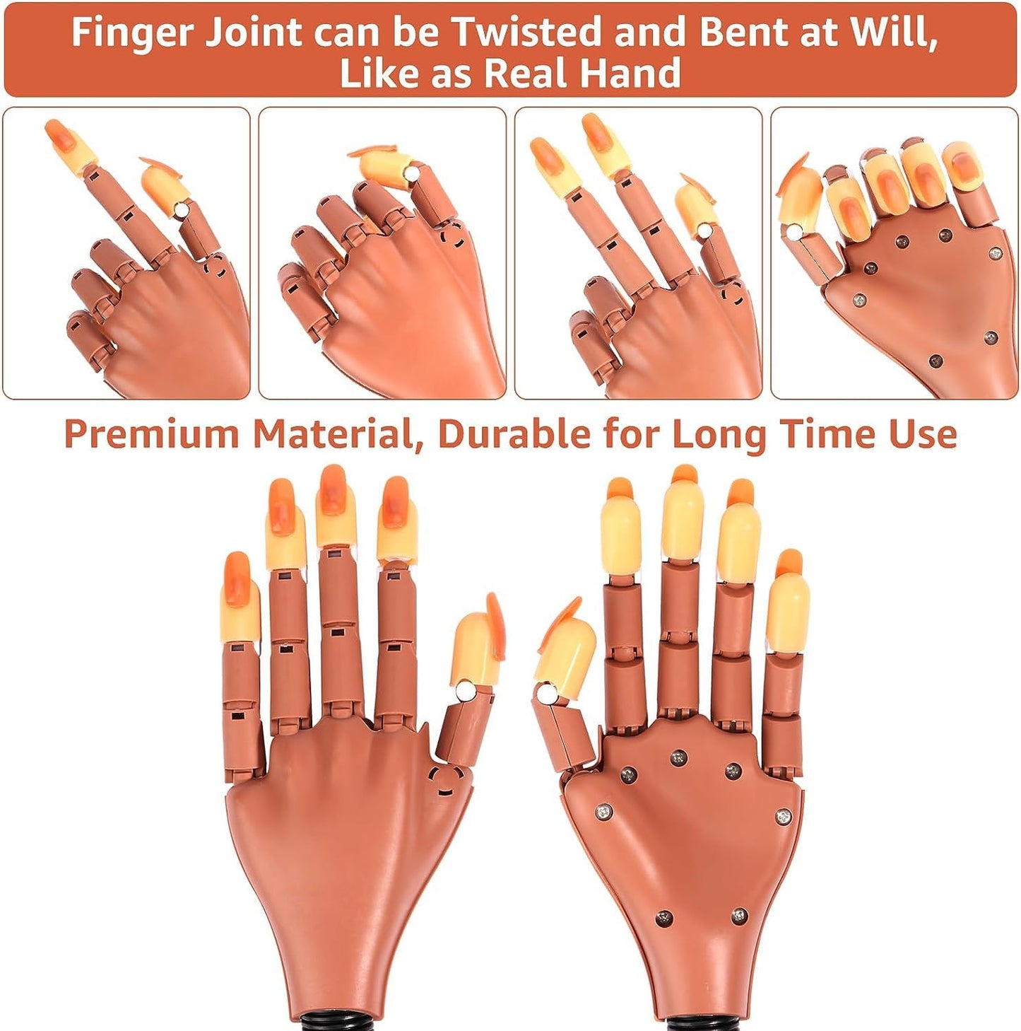 Practice Hand for Acrylic Nails,100 Pcs Nail Tips Flexible Training Hand Professional Nail Art Hand Tools Adjustable False Finger Nails for DIY Nail Manicure