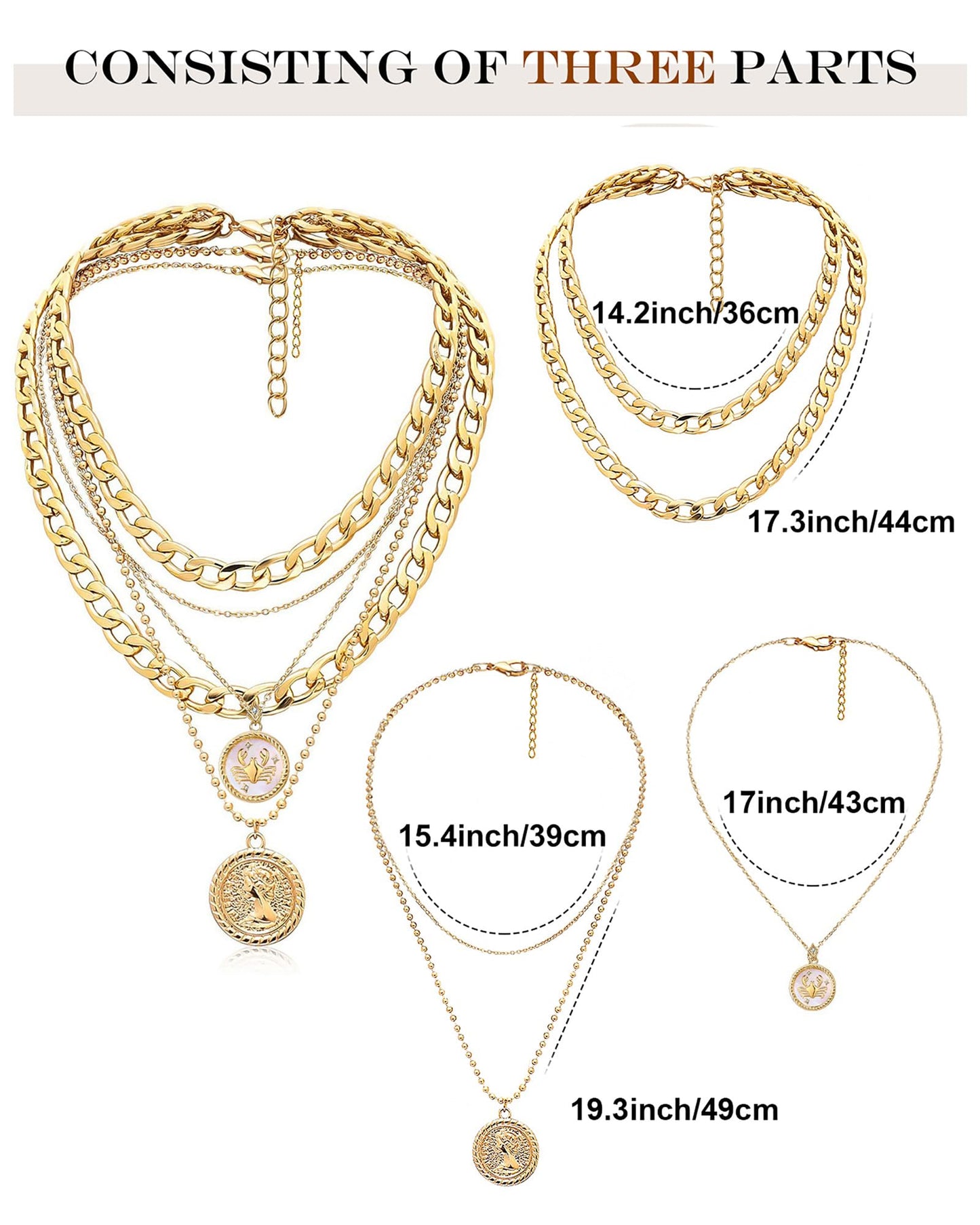 MJartoria Gold Layered Necklaces for Women Trendy Retro Coin Pendant Necklace Dainty Chunky Chain Choker Necklaces for Jewelry Birthday Gifts (Gold, Zodiac-Cancer-3PCS Layered)