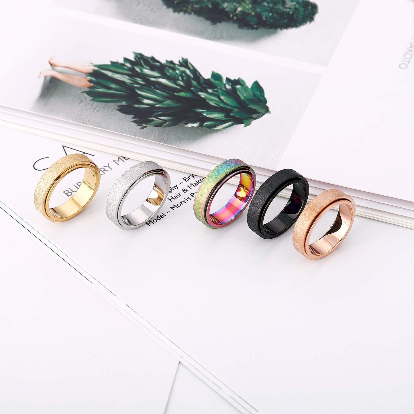 OreilleStar Anxiety Ring for Women Fidget Spinner Ring Fidget Toys Adults Titanium Stainless Steel Thumb Ring 6mm Wide Rainbow Size 9